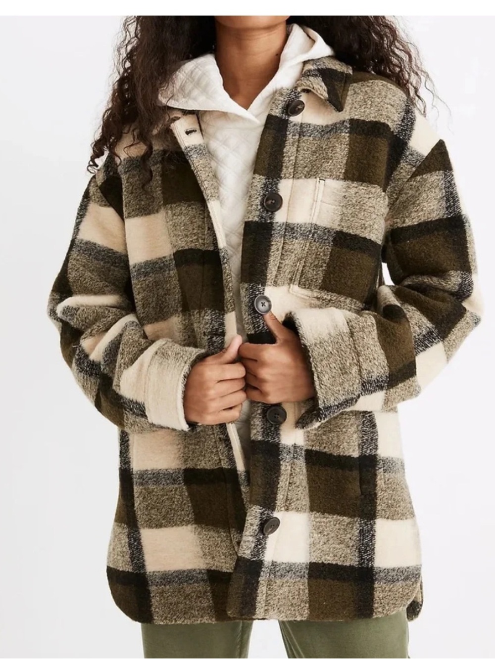 Madewell Plaid Sherpa Shacket in Olive & Cream